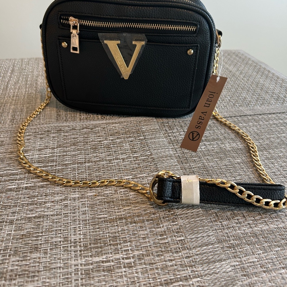 Joan Vass 🌷 Black Leather Camera Crossbody Chain Shoulder Gold Logo Bag New✨